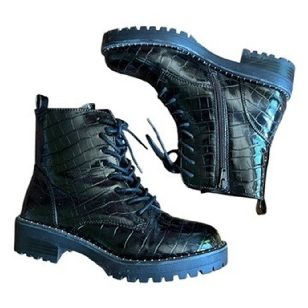 Black Faux Crocodile Embossed Combat Boots (Size 7)